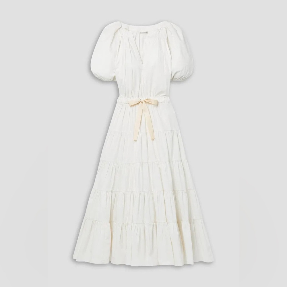 ULLA JOHNSON Off-White Ecru Olina Pleated Cotton-Poplin Midi Dress | Size 6 - Picture 3 of 11